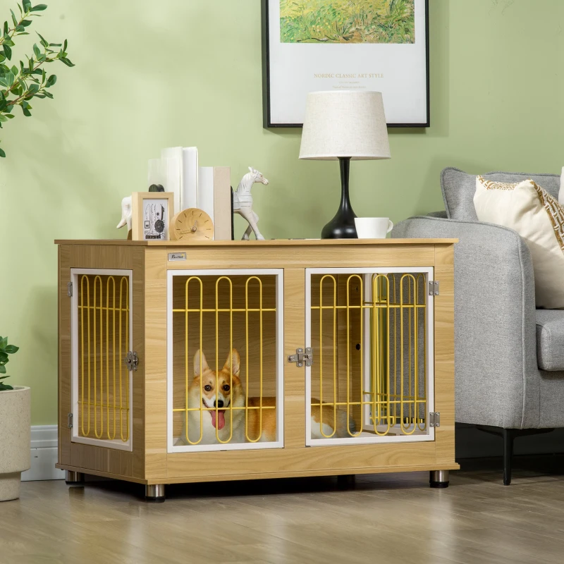 PawHut Dog Crate Furniture, Dog Cage End Table. with Soft Cushion, Double Door - Oak Tone