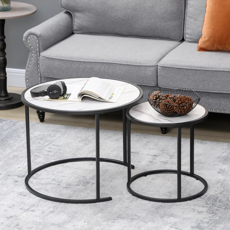 HOMCOM Lot de 2 Tables Basses Rondes gigogne empilables Plateau en bois aspect marbre et Pieds en métal Noir
