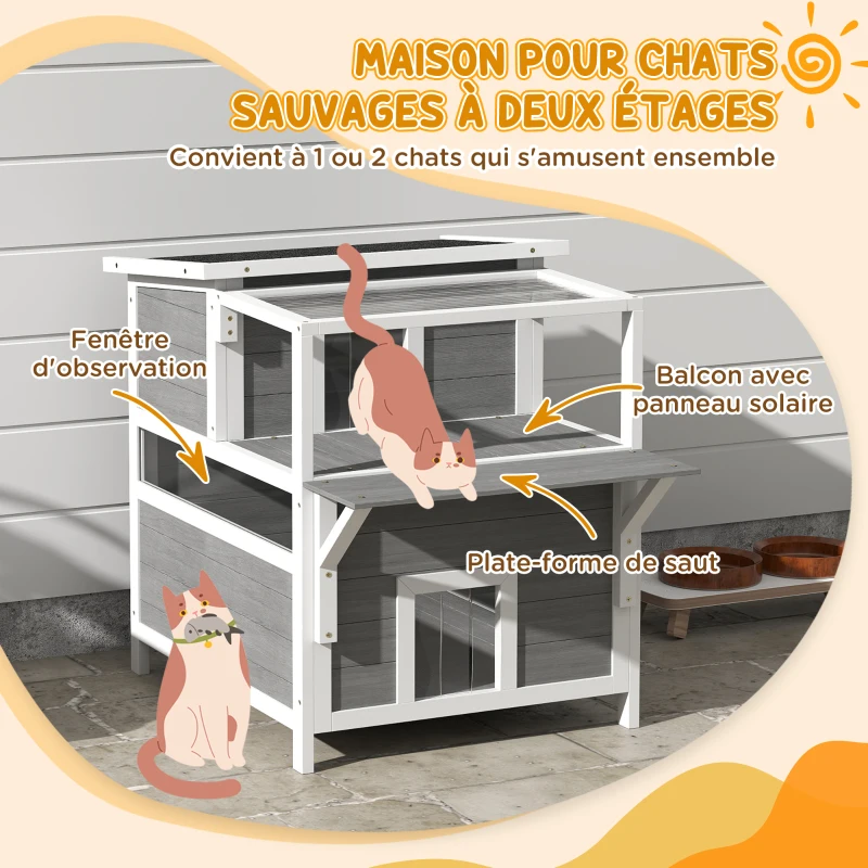 PawHut Maison pour chats 2 niveaux avec balcon abrité, toit ouvrable, extérieur, intérieur, gris clair