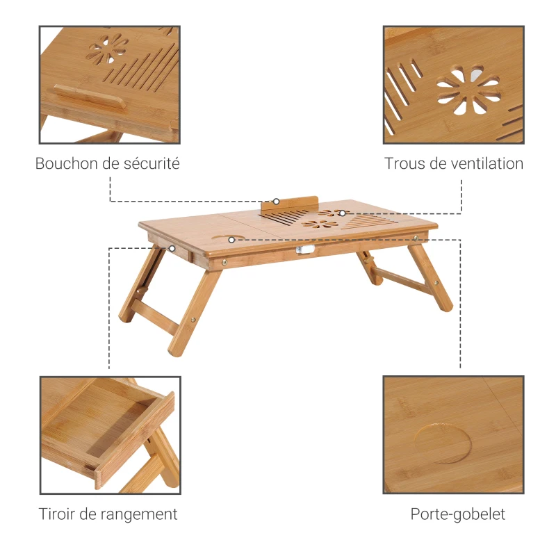 HOMCOM Table de lit plateau pour ordinateur en bois de bambou plateau inclinable pliable réglable en hauteur naturel