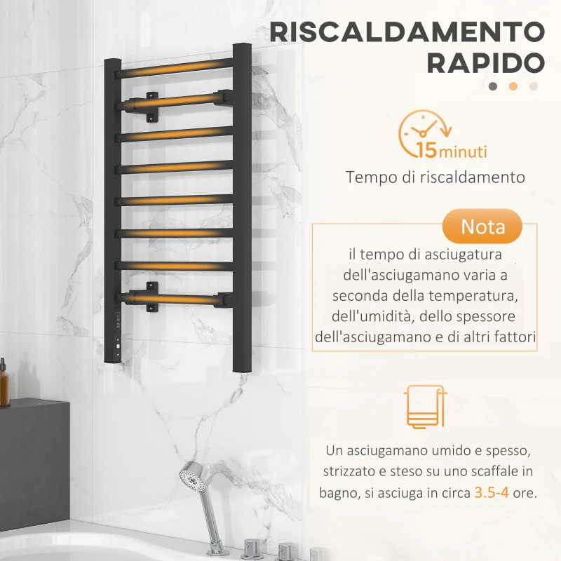 HOMCOM Scaldasalviette Elettrico da Terra o Parete 150W con 8 Barre e Timer 2-4 Ore, 53x35x90 cm, Nero