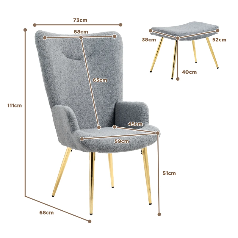 HOMCOM Ensemble fauteuil avec repose-pieds, tissu bouclette gris et pieds en métal doré, dossier haut, grand confort
