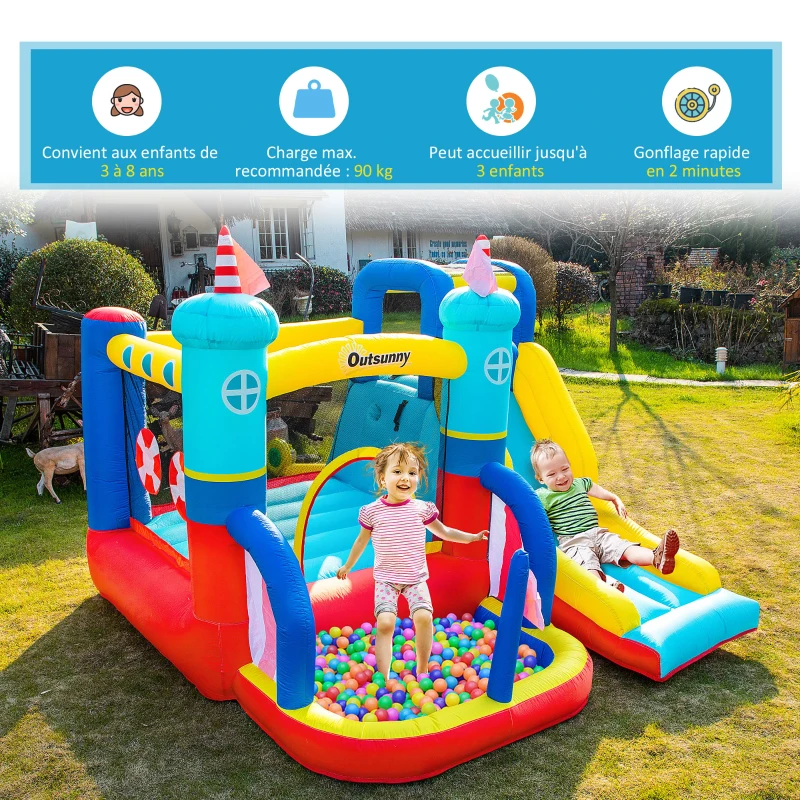 Outsunny Château Gonflable avec Toboggan Trampoline Piscine et Mur d'escalade jusqu'à 3 enfants +3 Ans avec souffleur 450W et Sac de Transport 265 x 260 x 200 cm Multicolore