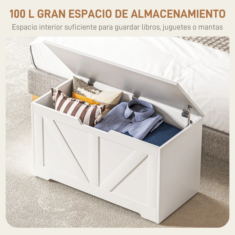 HOMCOM Baúl de Almacenaje para Dormitorio 100 L Puff de Almacenaje con Tapa Bisagra de Seguridad 80x40x45 cm Blanco
