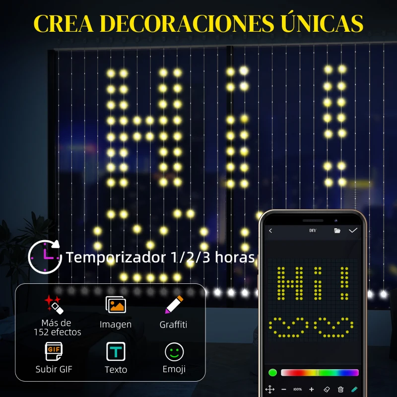 HOMCOM Cortina de Luces LED 3x3m Inteligente con Sincronización Musical Control Remoto y App Efectos y Colores Personalizables