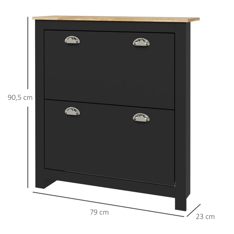 HOMCOM Armoire à chaussures 2 portes abattantes 2 compartiments poignées coquilles métal 79 x 23 x 90,5 cm noir chêne