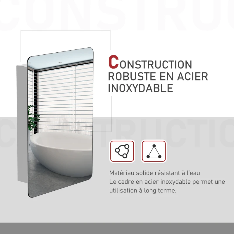 HOMCOM Armoire miroir rangement salle de bain porte coulissante  acier inox. Argent dim. 46L x 12l x H66cm