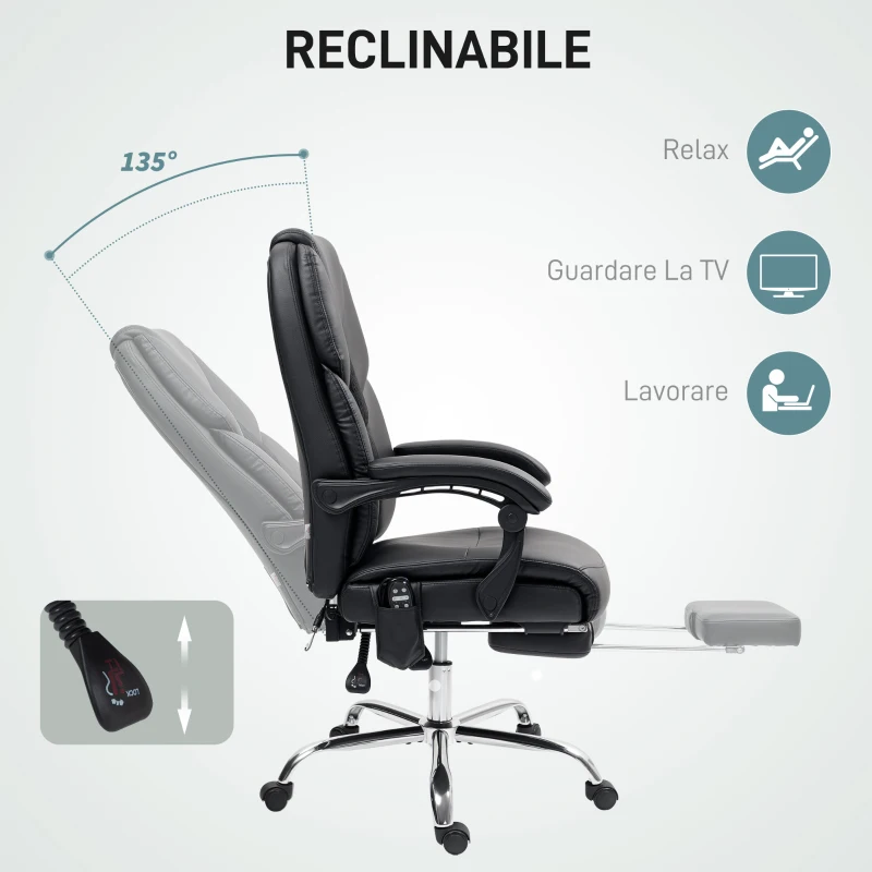 HOMCOM Sedia da Ufficio Massaggiante e Riscaldata con Schienale Reclinabile e Poggiapiedi in Pelle PU, Nero