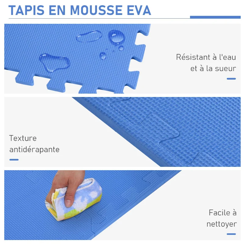 HOMCOM Tapis en Mousse de Protection Sol Tapis de Fitness 62 cm x 62 cm x 1 cm avec Bordures Tapis Puzzle 25 pièces 9,3 m² de Surface Bleu