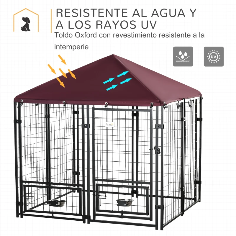 PawHut Perrera de Exterior con 2 Soportes Giratorios para Comida 2 Cuencos y Toldo de Impermeable 141x141x153 cm Negro y Rojo