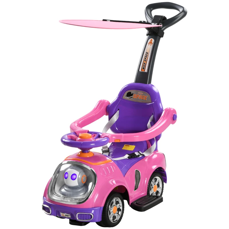 AIYAPLAY 3 in 1 Ride on Push Car, Cartoon Robot Theme Foot to Floor Slider w/ Handle Light Music Horn, Storage - Pink