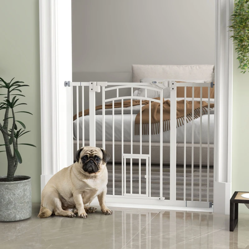 PawHut Pressure Fit Stair Dog Gate w/ Small Cat Door, Automatic Closing Door, Double Locking, for 74-100cm Openings - White