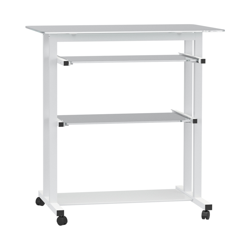 HOMCOM Compact Computer Desk with Keyboard Tray and Wheels, Mobile Home Office Desk for Small Spaces with Sliding Tempered Glass Shelf, White