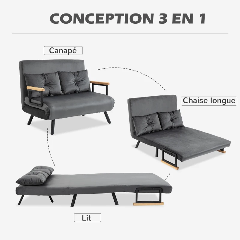 HOMCOM Canapé convertible 2 places avec dossier réglable sur 5 niveaux et 2 coussins rembourrés pour salon, chambre d'amis