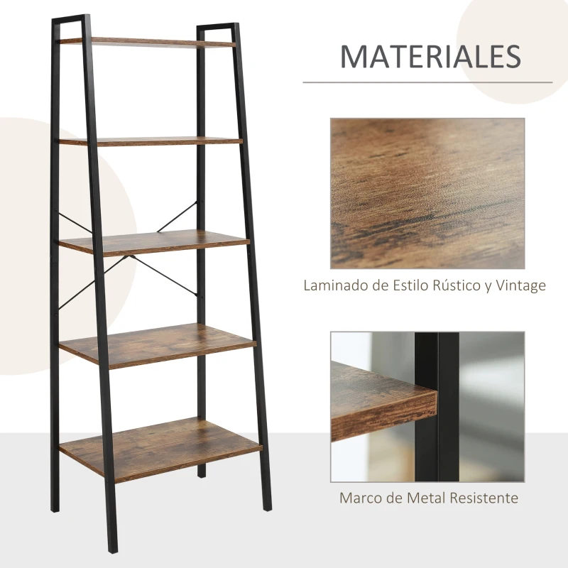 HOMCOM Estantería de Estilo Industrial en Forma de Escalera con 5 Baldas con Marco de Metal para Sala de Estar Dormitorio Cocina Oficina 56x34x160 cm Marrón Rústico