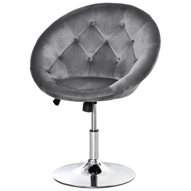 HOMCOM Swivel Dressing Stool, Velvet-feel Upholstered Vanity Chair, Adjustable Height Tub Makeup Chair with Button Tufting and Thick Padding for Bedroom, Grey
