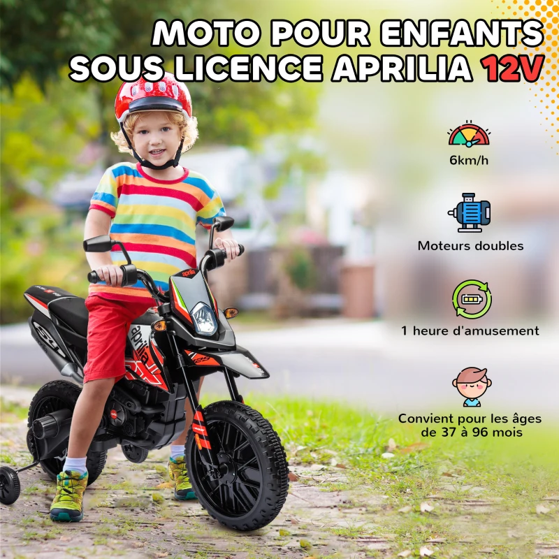 AIYAPLAY Moto électrique enfants sous licence Aprilia avec 2 moteurs 12V, roues d'entraînement, lumière LED, musique - rouge