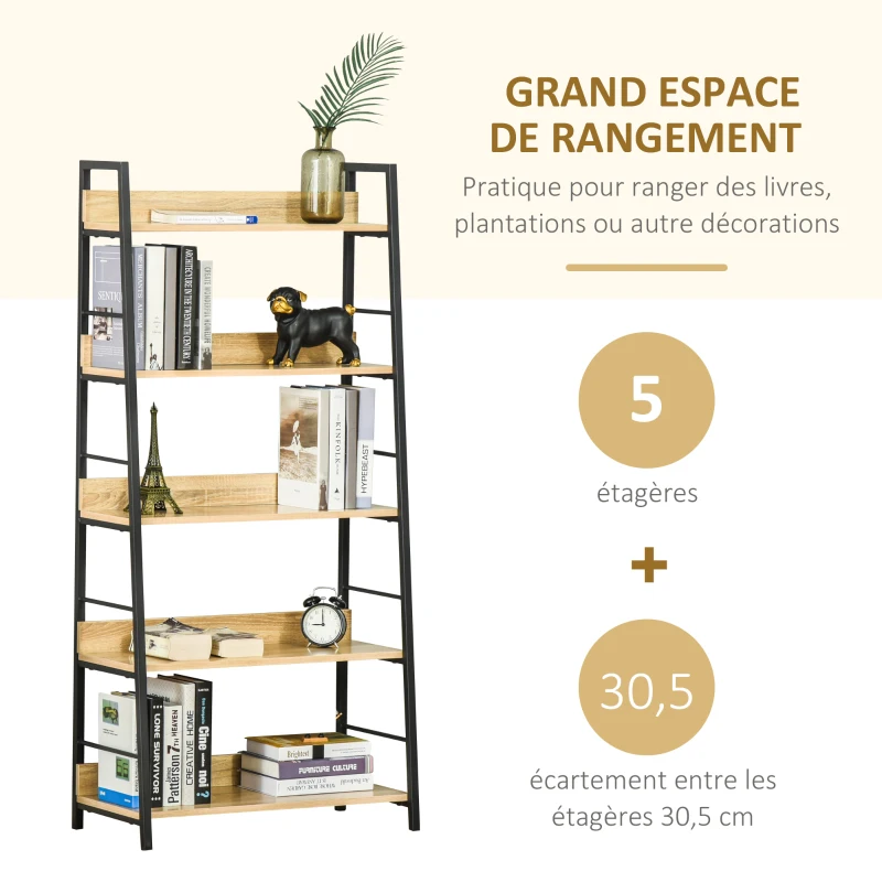 HOMCOM Étagère bibliothèque Style Industriel incliné 5 Niveaux 70L x 35l x 150H cm Coloris chêne Clair Noir