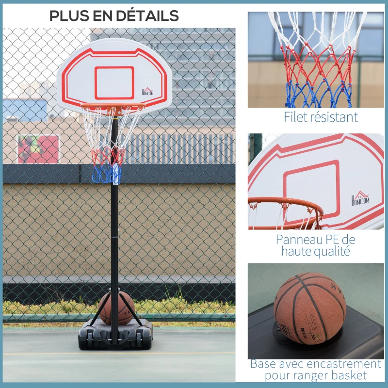 HOMCOM Panier de basket extérieur avec poteau panneau, base de lestage sur roulettes hauteur réglable 2,1-2,6 m (panier) - noir blanc et rouge