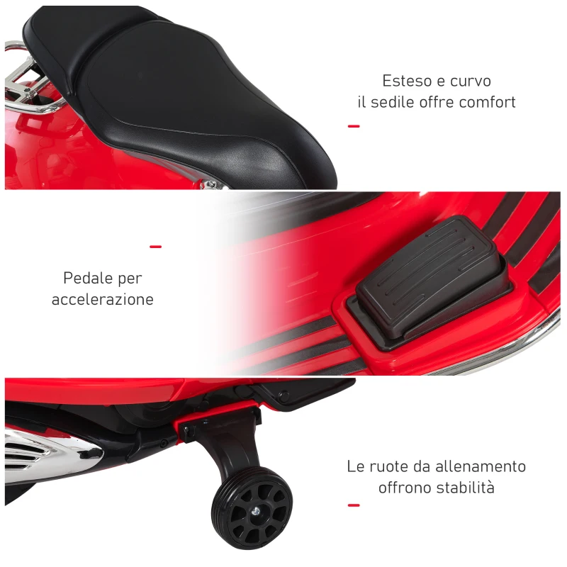 HOMCOM Moto Elettrica per Bambini con Licenza Ufficiale Vespa, 2 Rotelle, Luci e Suoni, 108x49x75 cm, Rossa