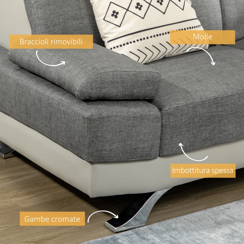 HOMCOM Divano 2 Posti in Finta Pelle PU con Poggiatesta Regolabile su 5 Livelli, 189x96.5x84cm, Grigio