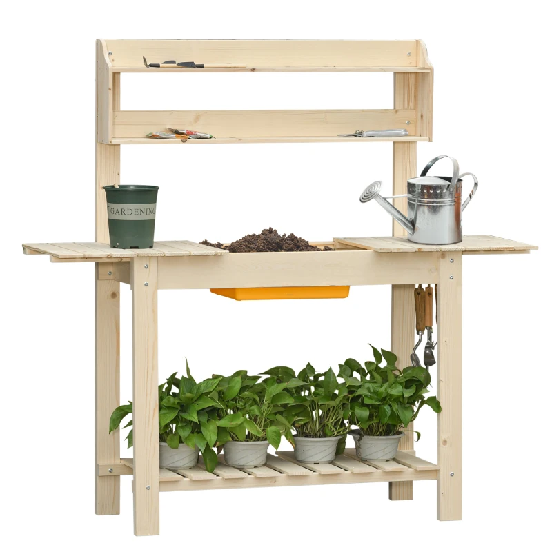 Outsunny Garden Potting Bench w/ Sliding Tabletop, Wooden Workstation w/ Dry Sink, Outdoor Workbench Potting Table w/ Storage Shelf & Hooks, Natural
