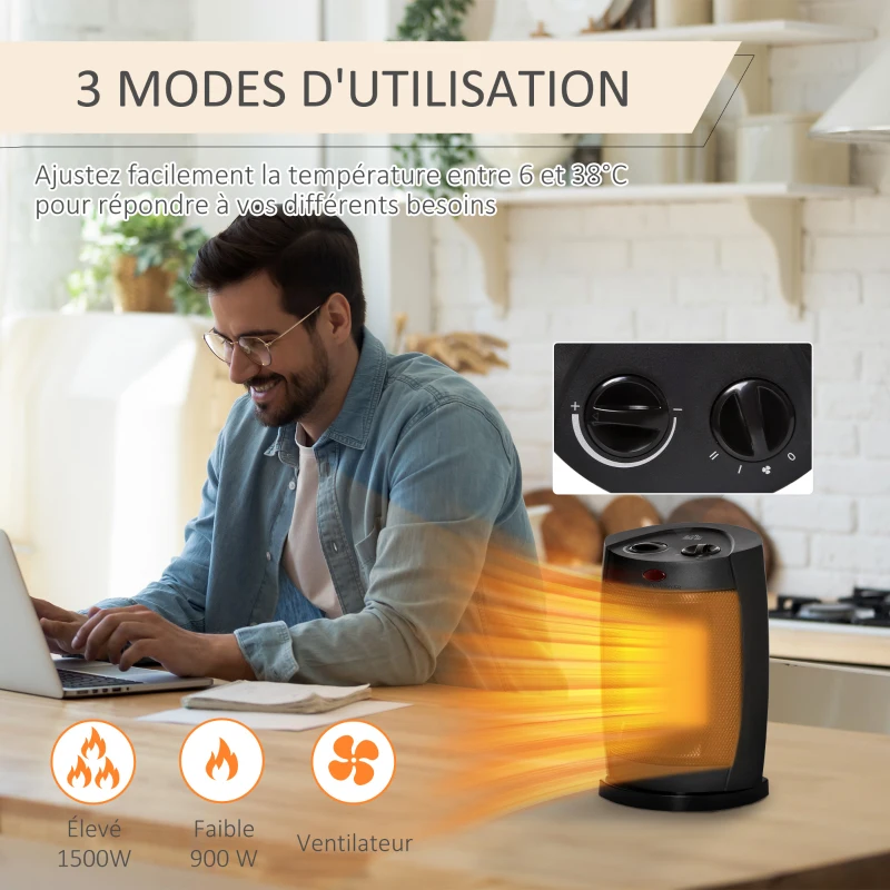 HOMCOM Chauffage soufflant oscillant 1500 W - mini radiateur céramique PTC - 3 niveaux de puissance - chauffage d'appoint noir