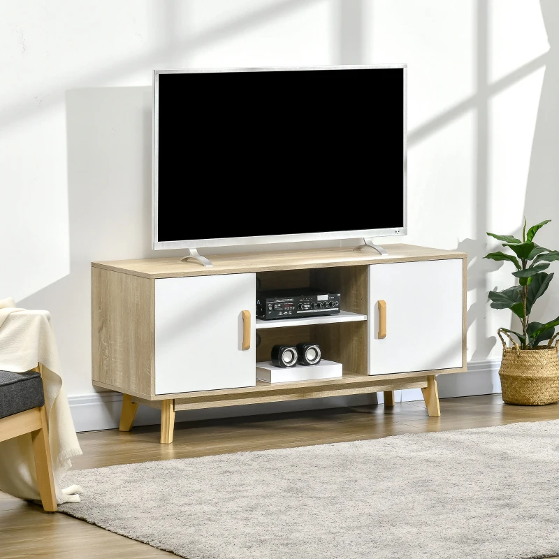 HOMCOM Meuble TV Banc TV scandinave 2 niches et 2 rangements avec Portes - dim. 120I x 40P x 55H cm - Bois Blanc Chêne