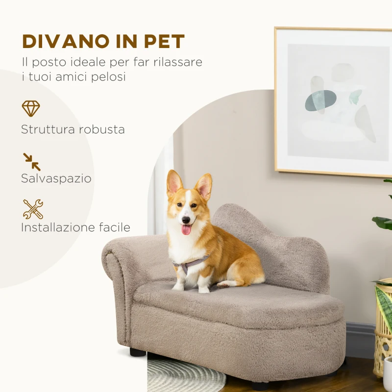 PawHut Divano per Cani Rialzato con Spazio Portaoggetti a Scomparsa, in Legno e Tessuto Vellutato, 80x40x46 cm, Beige