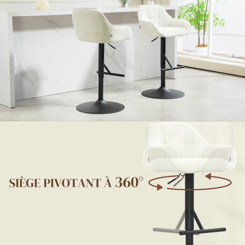 HOMCOM Lot de 2 tabourets de bar chaises de bar hauteur réglable tissu effet lin et base en acier 52,5 x 53 x 86,5-108 cm crème
