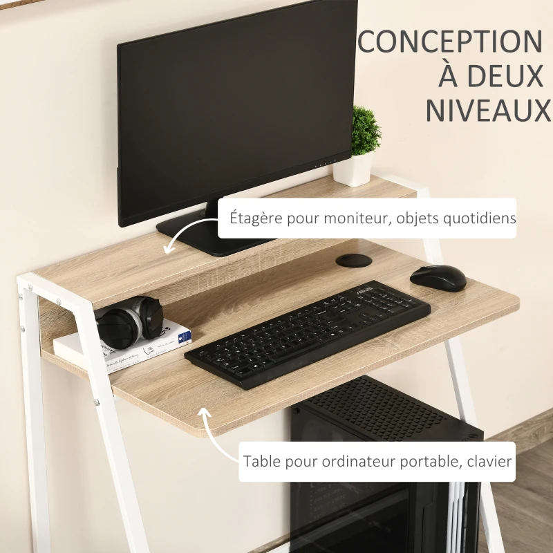 HOMCOM Bureau Informatique Table Ordinateur d'étude dim. 84L x 45l x 85H cm Style Simple en Bois chêne Clair Blanc