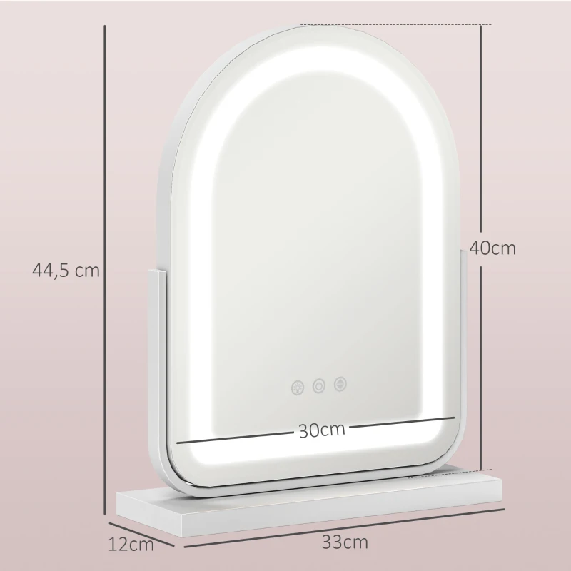 HOMCOM Espejo de Maquillaje con Luz LED Iluminación Ajustable Rotación Regulable de 360° y Control Táctil 33x12x44,5 cm Blanco