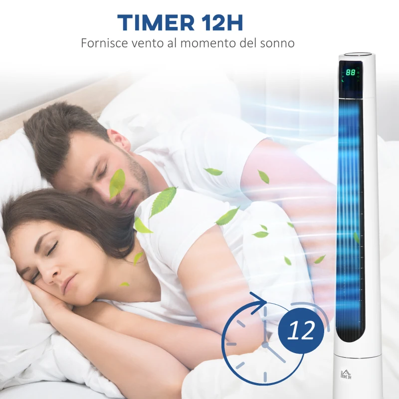HOMCOM Ventilatore a Torre 50W a 3 Modalità e 3 Velocità con Timer da 12h, in ABS, Ø32x118.2 cm, Bianco