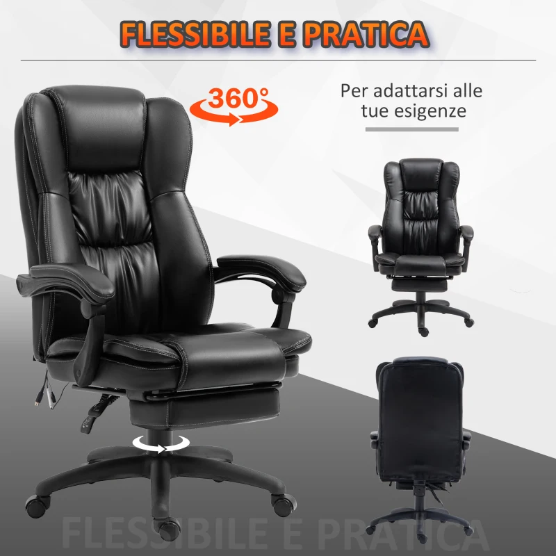 Vinsetto Sedia da Ufficio ad Altezza Regolabile con 6 Punti Massaggianti, in Finta Pelle, 68.5x68.5x113-121 cm, Nera