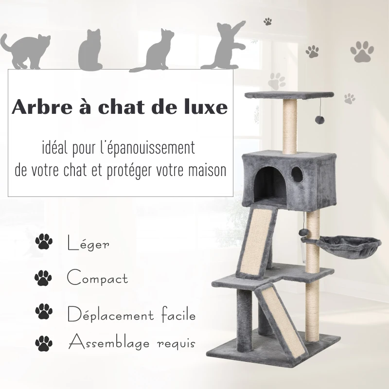 PawHut Arbre à chats multi-équipements griffoirs grattoirs plateformes rampes niche hamac jouets suspendus dim. 60L x 49l x 130H cm gris