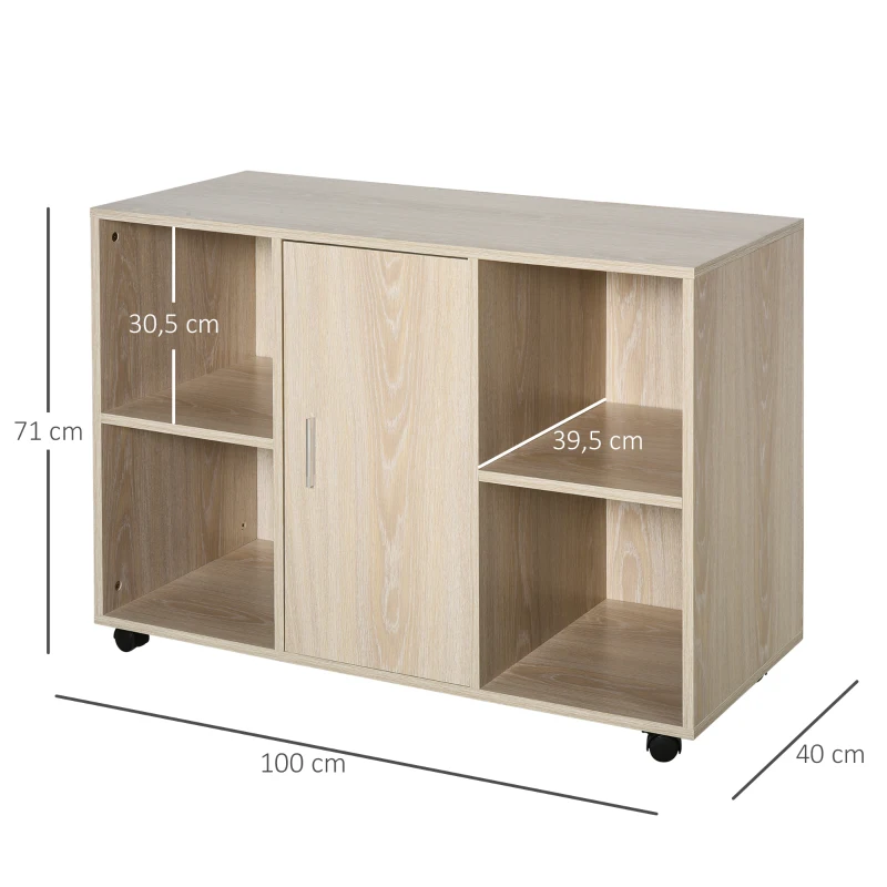 HOMCOM Support d'imprimante - caisson organiseur bureau - 4 niches, placard porte, grand plateau - panneaux particules chêne clair