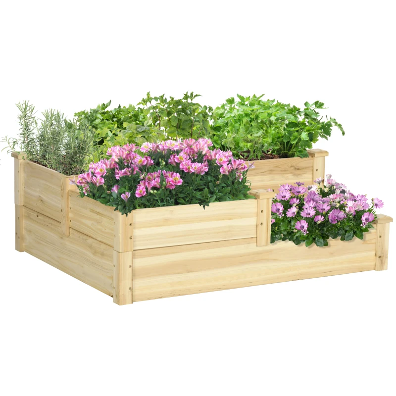 Outsunny Carré potager en bois jardinière extérieure en escalier 3 niveaux design sans fond 108 x 88 x 36 cm bois naturel