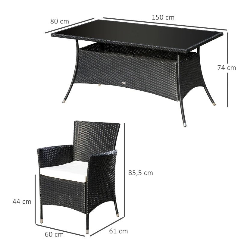 Outsunny Ensemble Salon de Jardin 6 Personnes - Grande Table rectangulaire, 6 fauteuils - 6 Coussins d'assise déhoussables Inclus - métal époxy Verre trempé 5 mm résine tressée Noire