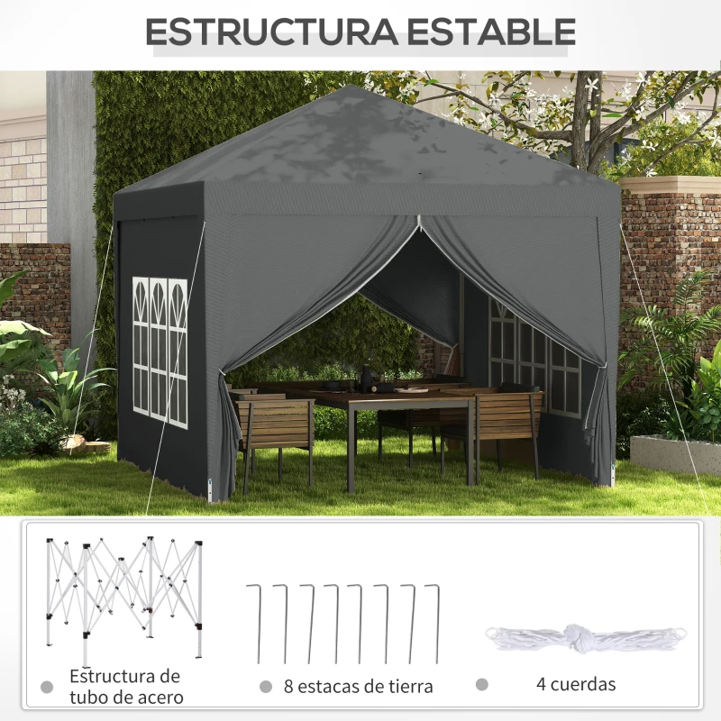 Outsunny Carpa Plegable Pop-up 3x3 m con 4 Paredes Laterales Anti-UV y Bolsa de Transporte Gris(m-7)