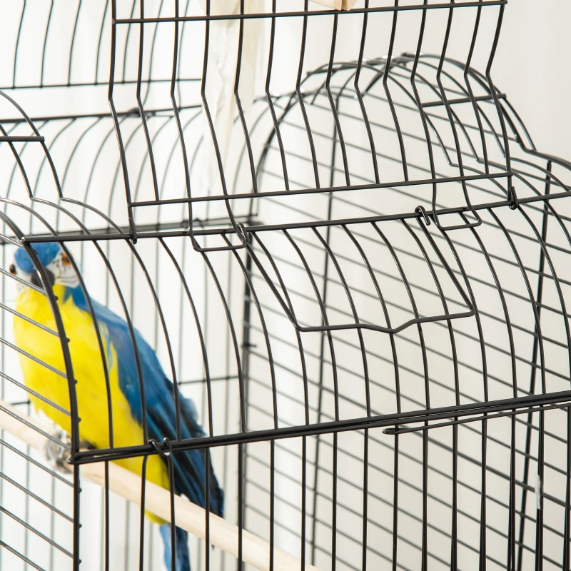 PawHut Cage à oiseaux volière pour oiseaux sur roulettes avec toit ouvrant 3 perchoirs étagère inférieure 46 x 36 x 130 cm noir