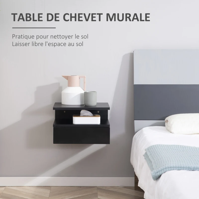 HOMCOM Lot de 2 Tables de Chevet murales - Lot de 2 Tables de Nuit - tiroir Coulissant, Niche, Plateau - Panneaux Particules Noir