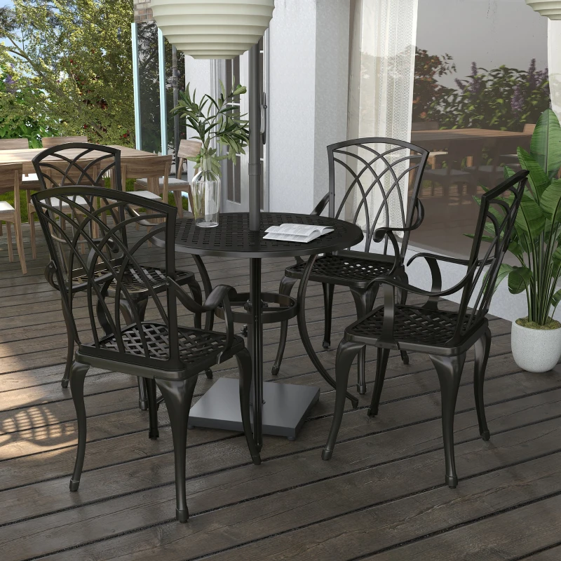 Outsunny 5 Pieces Garden Dining Set for 4, Cast Aluminium Outdoor Dining Set with 4 Armchairs and Round Dining Table with Parasol Hole, Garden Furniture Set, Brown