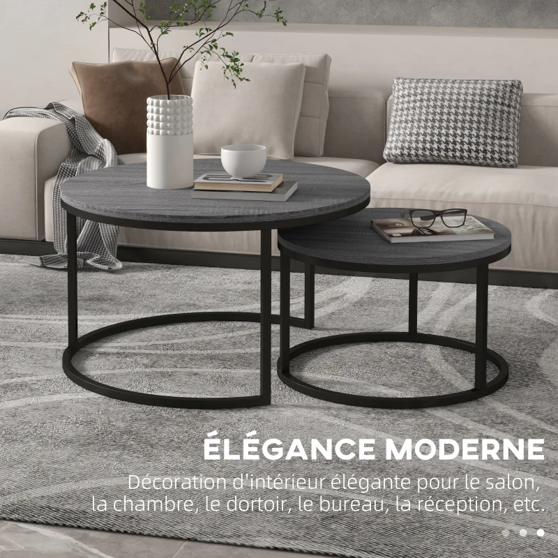 HOMCOM Lot de 2 tables basses gigognes empilable design industriel plateau imitation ciment pieds en métal noir