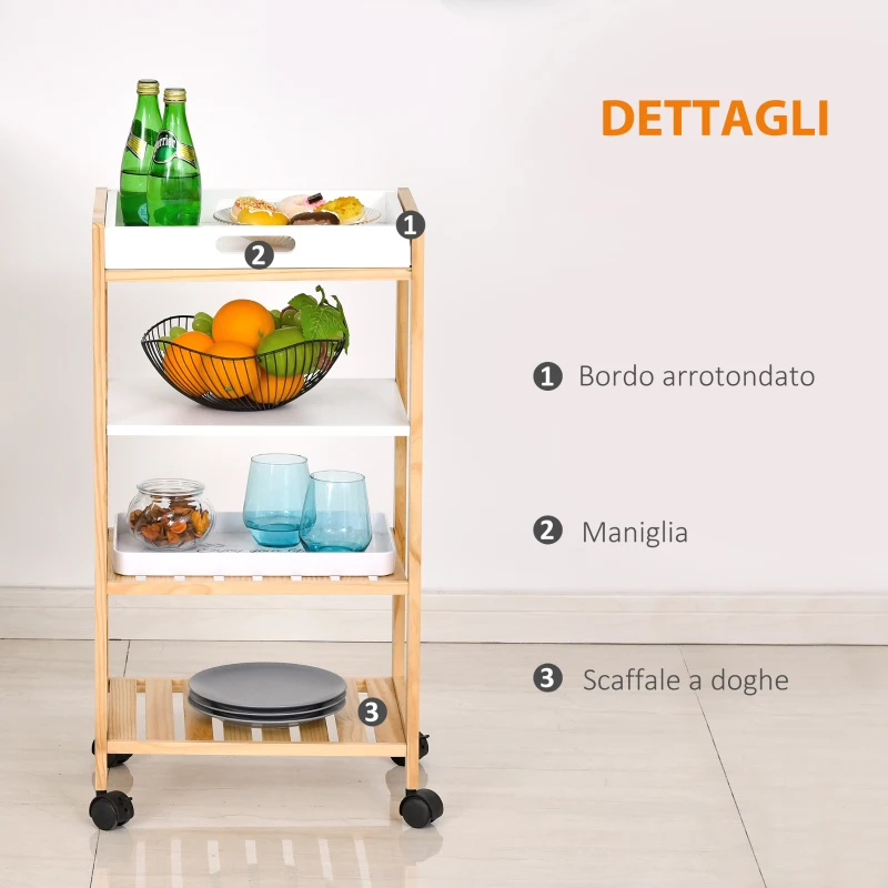 HOMCOM Carrello da Cucina a 4 Livelli in MDF e Legno di Pino con 4 Ruote Girevoli, 40x30x76 cm, Bianco e Marrone