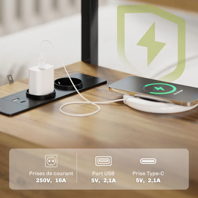 HOMCOM Table d'appoint table de chevet avec 2 prises port USB 1 prise type C câble de 143 cm tiroirs et étagère bois naturel