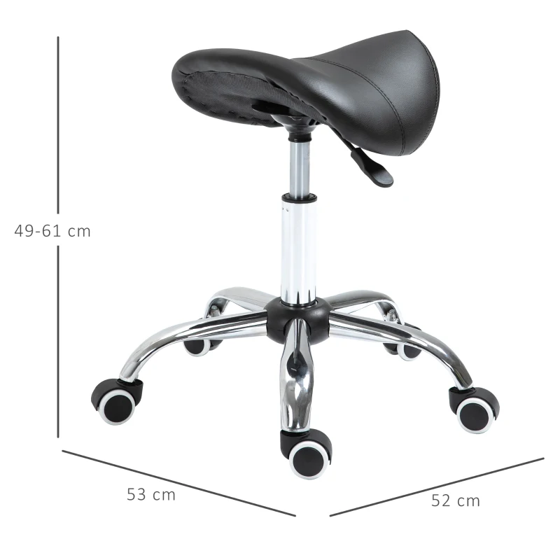 HOMCOM Tabouret à roulettes, tabouret de massage avec hauteur réglable 49-61 cm et selle ergonomique, chaise de travail à roulettes pivotant 360°, pour salon de massage, tatouage, clinique, spa, noir