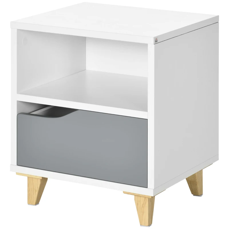 HOMCOM Modern Bedside Table, Side End Table with Shelf, Drawer and Wood Legs, 36.8cmx33cmx43.8cm, White and Grey