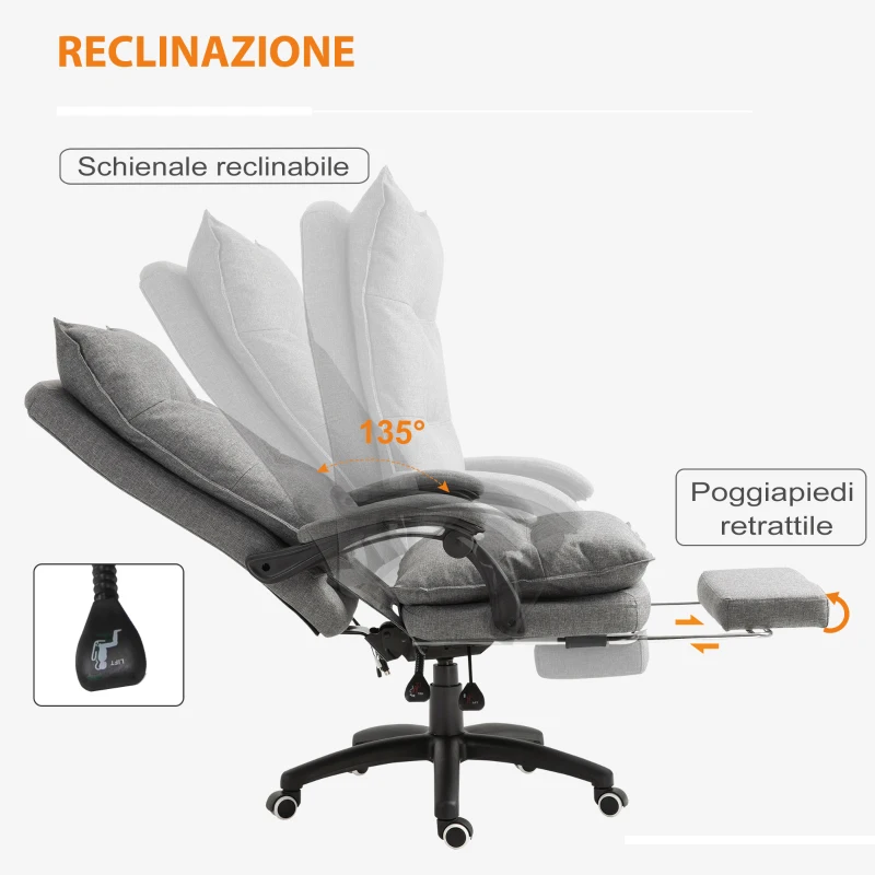 Vinsetto Sedia da Ufficio Imbottita con 6 Punti Massaggianti, Altezza Regolabile e Rotelle, 70x62x120-130 cm, Grigio