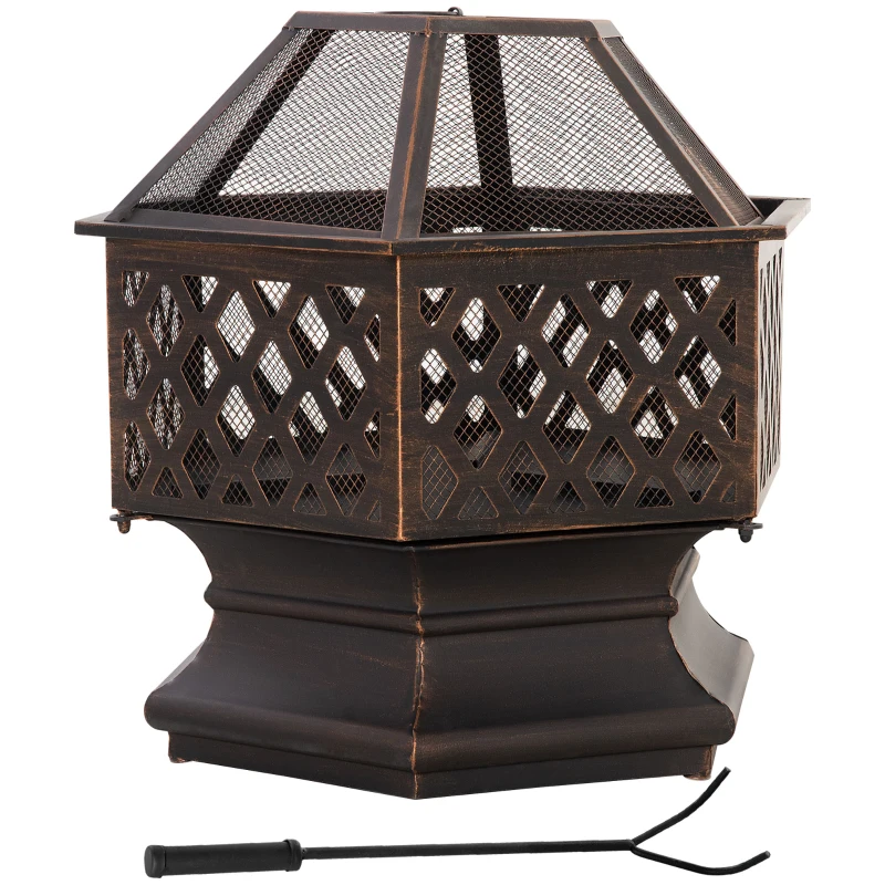 Outsunny Outdoor Fire Pit with Screen Cover, Portable Wood Burning Firebowl with Poker for Patio, Backyard, Bronze