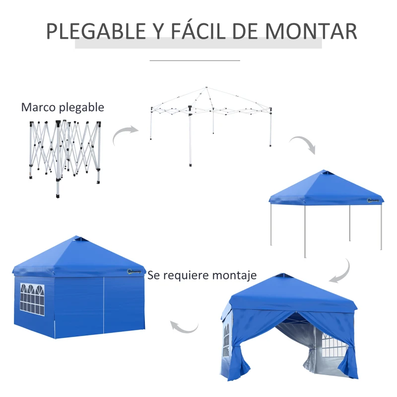 Outsunny Carpa Plegable 3x3 m con Altura Ajustable de 3 Niveles Cenador de Jardín con 4 Paredes Extraíbles 2 Ventanas 4 Sacos de Arena y Bolsa de Transporte Gazebo para Exterior Camping Azul